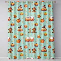 Cute Kawaii Halloween Pumpkin Witch Candy Seamless Pattern Teal Background Readymade Eyelet Ring Top Thermal 100% Blackout Curtains - thumbnail 2