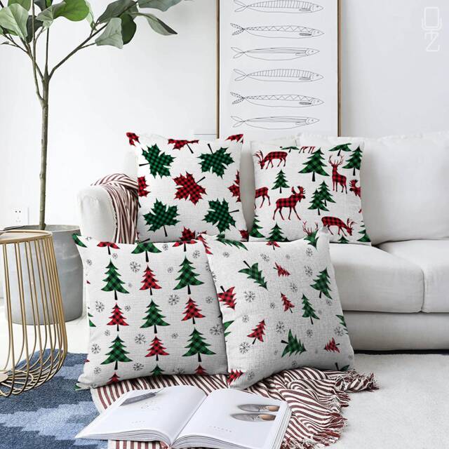 Christmas Cushion Covers With Red & Green Xmas Tree, Maple Leaves, Reindeers - Double Sided Printing On The Chenille Different Sizes - image 1