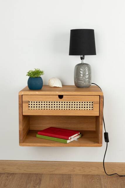 Floating Nightstand With Rattan Drawer & Open Shelf in Solid Oak - Natural - image 1