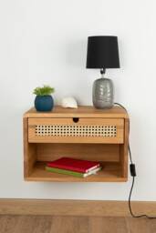 Floating Nightstand With Rattan Drawer & Open Shelf in Solid Oak - Natural