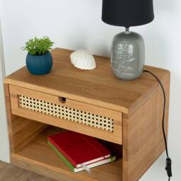 Floating Nightstand With Rattan Drawer & Open Shelf in Solid Oak - Natural - thumbnail 2