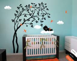 Nursery Tree Wall Decal, Bear Sleeping On Cloud, Baby Room Decor - thumbnail 1
