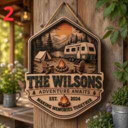 Personalized Camping Family Name Sign, Plaque Gift, Custom Wooden Door Campfire Wall Decor - thumbnail 3