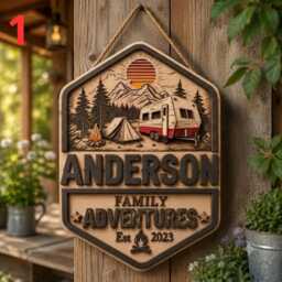 Personalized Camping Family Name Sign, Plaque Gift, Custom Wooden Door Campfire Wall Decor - thumbnail 2