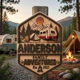 Personalized Camping Family Name Sign, Plaque Gift, Custom Wooden Door Campfire Wall Decor - thumbnail 1