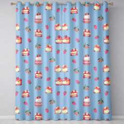 Cute Strawberry Cake Cherry Dessert Blue Sky Background Seamless Pattern Readymade Eyelet Ring Top Thermal 100% Blackout Curtains - thumbnail 2