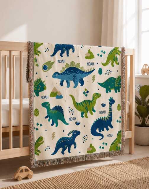 Personalized Dinosaur Woven Blanket, Custom Dino Name Nursery Throw, Baby Boy Shower Gift - image 1