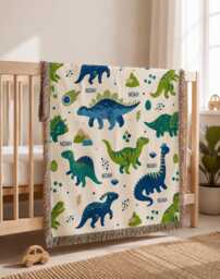 Personalized Dinosaur Woven Blanket, Custom Dino Name Nursery Throw, Baby Boy Shower Gift - thumbnail 1