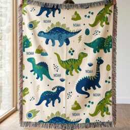 Personalized Dinosaur Woven Blanket, Custom Dino Name Nursery Throw, Baby Boy Shower Gift - thumbnail 2