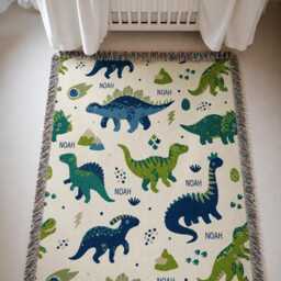 Personalized Dinosaur Woven Blanket, Custom Dino Name Nursery Throw, Baby Boy Shower Gift - thumbnail 3