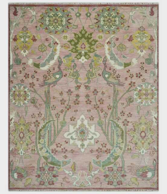 Hand-Knotted Wool Peacock Garden Rug Pink & Green Persian Design 10x14 - image 1