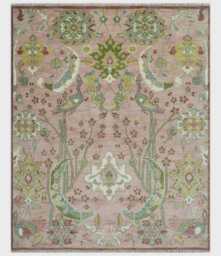 Hand-Knotted Wool Peacock Garden Rug Pink & Green Persian Design 10x14 - thumbnail 1