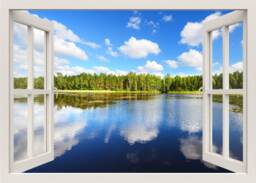 Lake Wall Decal, Sticker, Clouds 3D Window View Mural, Frame Nature Sticker Home Decor
