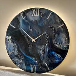 Oversized Mystic Blue Epoxy Resin Clock With Backlight, Natural Stones - 22 Inch, 55cm - thumbnail 2