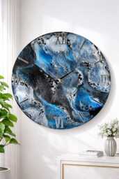 Oversized Mystic Blue Epoxy Resin Clock With Backlight, Natural Stones - 22 Inch, 55cm