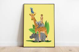 Art Print - Illustration Animal Parade Hippopotamus, Giraffe, Koala Bear, Meerkat & Parrot - thumbnail 1