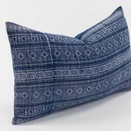 Vintage Indigo Batik Hemp Lumbar Pillow - Hmong Hill Tribe Cushion Cover - 12x20 - thumbnail 4