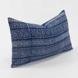 Vintage Indigo Batik Hemp Lumbar Pillow - Hmong Hill Tribe Cushion Cover - 12x20 - thumbnail 3