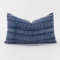 Vintage Indigo Batik Hemp Lumbar Pillow - Hmong Hill Tribe Cushion Cover - 12x20 - thumbnail 1