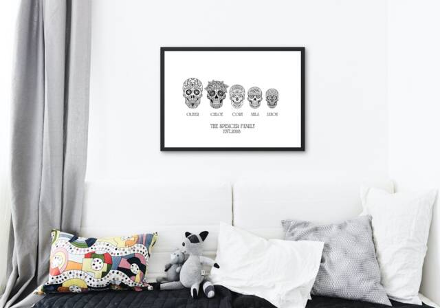 Skull Family Tree, Decorative Skulls, Personalised Tree Print, Wall Art, Picture, Floral Skulls - image 1
