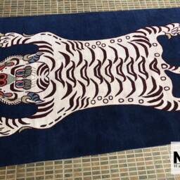 Blue Tibetan Tiger Wool Rug Handknotted 3x6Ft Nepal - Buddhist Meditation Large Carpet - thumbnail 2