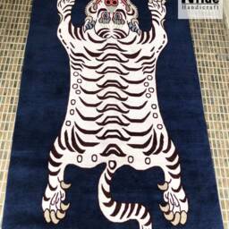 Blue Tibetan Tiger Wool Rug Handknotted 3x6Ft Nepal - Buddhist Meditation Large Carpet - thumbnail 3