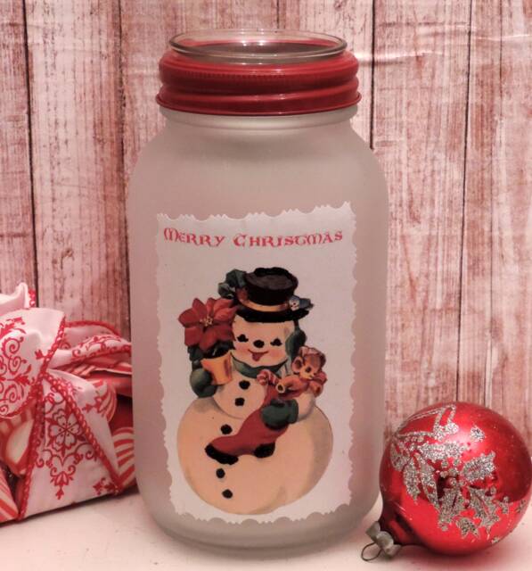 Retro Snowman Mason Jar Christmas Candle Holder, Nostalgic Decoration - image 1