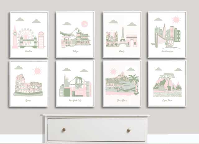 Travel Nursery Art - London, Tokyo, Paris, San Francisco, Rome, Nyc, Bora - Pink, Green - image 1