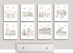 Travel Nursery Art - London, Tokyo, Paris, San Francisco, Rome, Nyc, Bora - Pink, Green - thumbnail 1