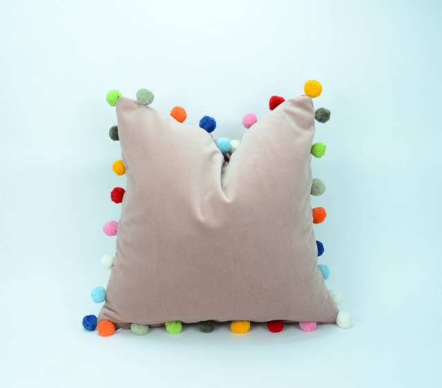 Dusty Pink Velvet Cushion With Multicolored Pom Trim - European Cotton Pillow - image 1