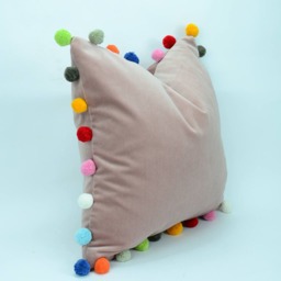 Dusty Pink Velvet Cushion With Multicolored Pom Trim - European Cotton Pillow - thumbnail 2