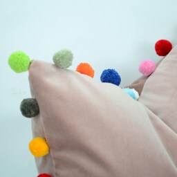 Dusty Pink Velvet Cushion With Multicolored Pom Trim - European Cotton Pillow - thumbnail 3