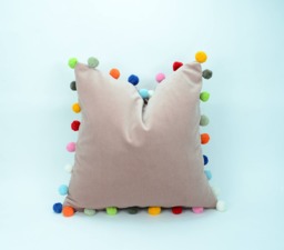 Dusty Pink Velvet Cushion With Multicolored Pom Trim - European Cotton Pillow - thumbnail 1