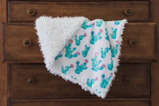 Cactus Baby Blanket, Crib Bedding, Faux Fur Blanket Girl, Trendy Green Pink Minky - image 1