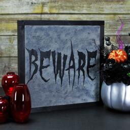 Gothic Halloween Sign, Wood Wall Decor, Haunted House Beware Framed Faux Stone Sign - thumbnail 3