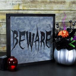 Gothic Halloween Sign, Wood Wall Decor, Haunted House Beware Framed Faux Stone Sign - thumbnail 2