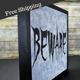 Gothic Halloween Sign, Wood Wall Decor, Haunted House Beware Framed Faux Stone Sign - thumbnail 1