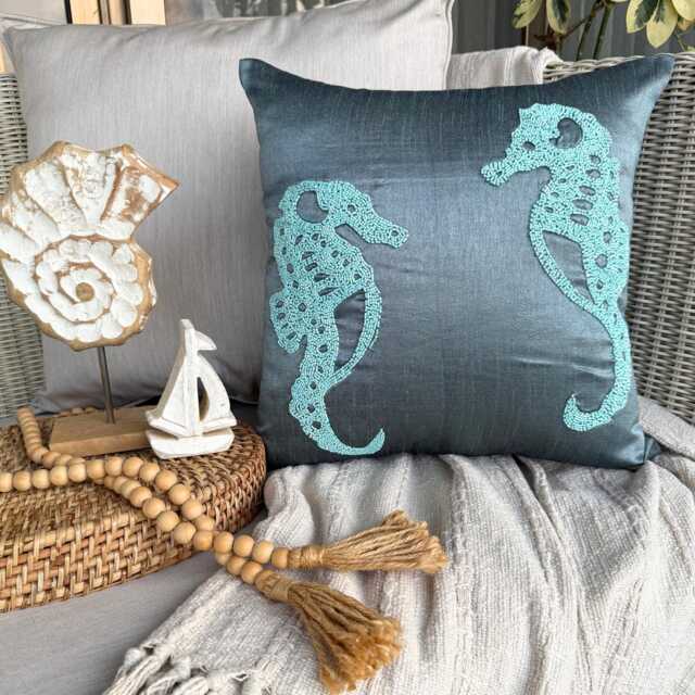 "Blue Beaded Sea Creature Art Silk Throw Pillow Cover, 16""x16" - image 1
