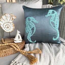 "Blue Beaded Sea Creature Art Silk Throw Pillow Cover, 16""x16" - thumbnail 1