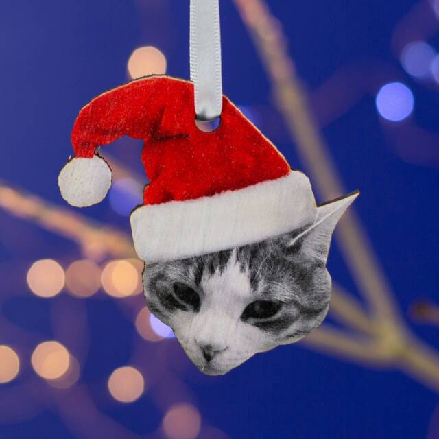 Personalised Pet Christmas Tree Decoration-Pet Photo--Santa Hat Cat Or Dog - image 1