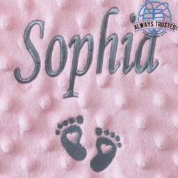 Personalised Baby Blanket Luxury Pink Bubble Style Grey Script Font Name Feet Print - thumbnail 3