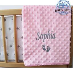 Personalised Baby Blanket Luxury Pink Bubble Style Grey Script Font Name Feet Print - thumbnail 2