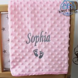 Personalised Baby Blanket Luxury Pink Bubble Style Grey Script Font Name Feet Print - thumbnail 1