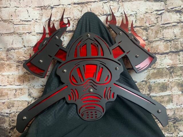 Fireman's Helmet & Mask With Axe Metal Wall Art, Firemen/Women, Customizable, Fire Chief