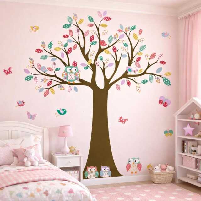 Kids Room Decals, Woodland Tree Wall Stickers, Whimsical Owls & Birds Nursery Decor - image 1