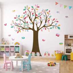 Kids Room Decals, Woodland Tree Wall Stickers, Whimsical Owls & Birds Nursery Decor - thumbnail 2