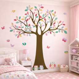 Vinyl Wall Decal Children Wall Decal Sticker Tree - Pattern Leaf With Owls Birds Butterflies