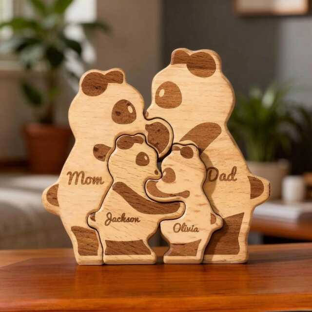 Custom Panda Family Puzzle, Personalised Wood Gift, Cute Animal Ornament, Nursery Decor, Baby Shower, Christmas Keepsake, Gift - image 1