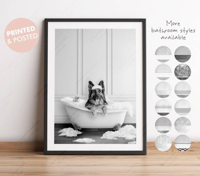 Black & White German Shepherd Dog in A Bath Print, Bathing, Funny Bathroom Animal Bathtub, Dog Tub Whimsy - image 1