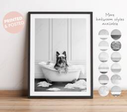 Black & White German Shepherd Dog in A Bath Print, Bathing, Funny Bathroom Animal Bathtub, Dog Tub Whimsy - thumbnail 1